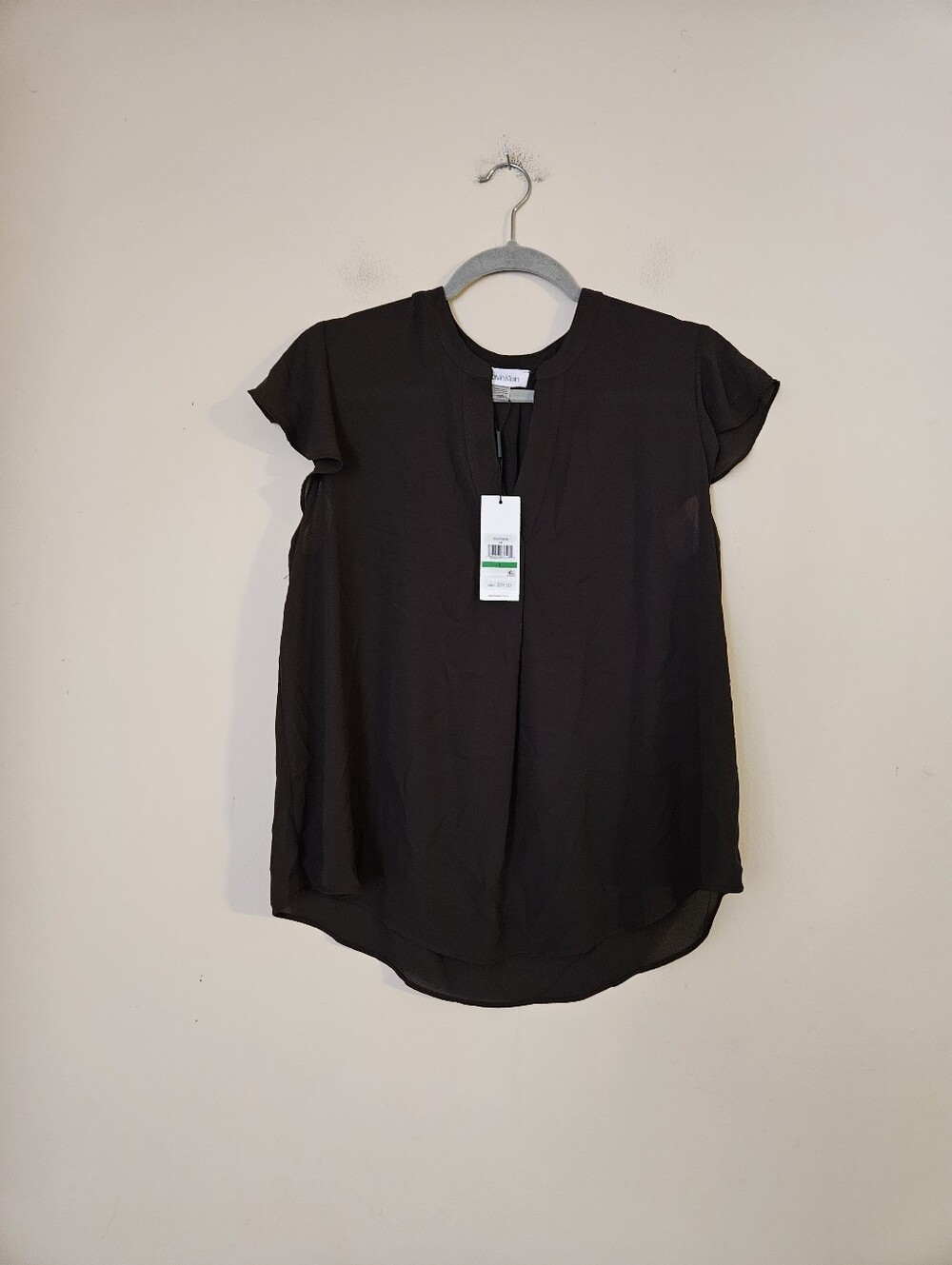 Calvin Klein Women's Brown Short Flutter Sleeve Split-Neck Blouse, Size Large